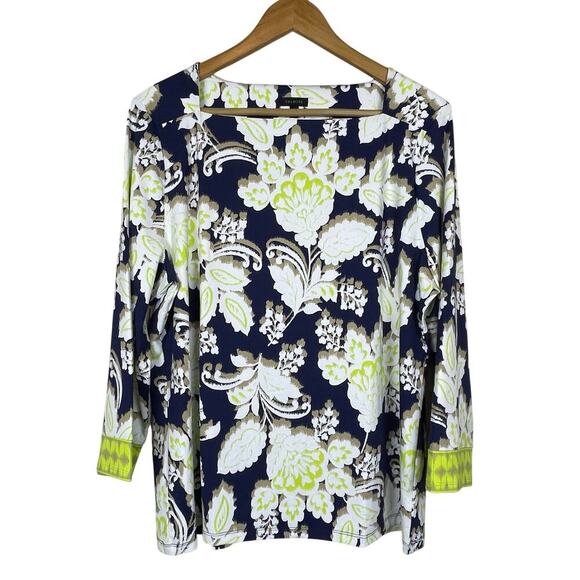 Talbots‎ Floral Top Stretch Blue Tan Chartreuse Size XL Button 3/4 Sleeve Shirt - Picture 1 of 7